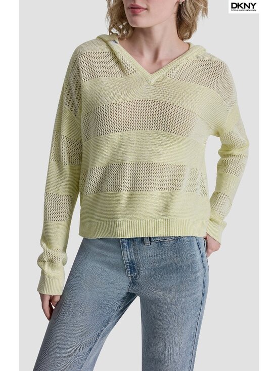 Dkny Tops - DKNY JEANS NWT POINTELLE STRIPE LEMON LIGHT COTTON HOODED SWEATER. SIZE S